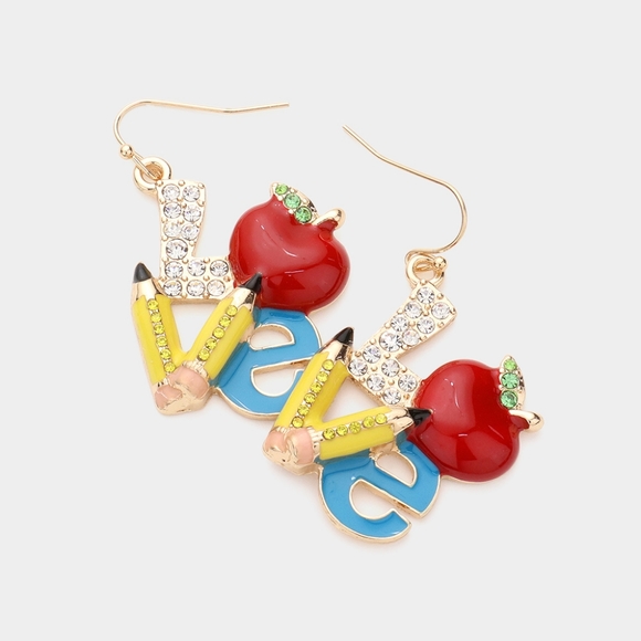 LOVE Teacher Dangle Earrings Pencil Apple School Gift Rhinestone Crystal Drop - Picture 1 of 3